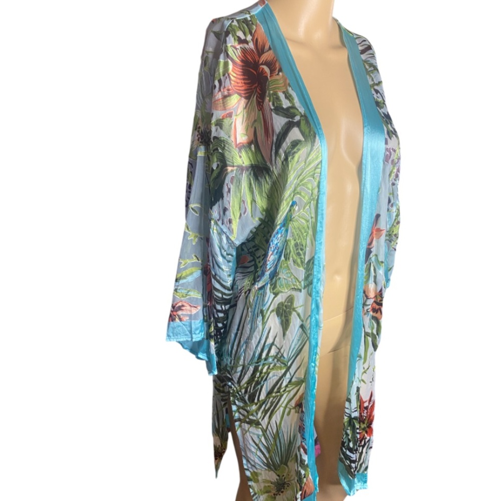 Tropical Floral Sheer Swim Coverup - Turquoise Trim